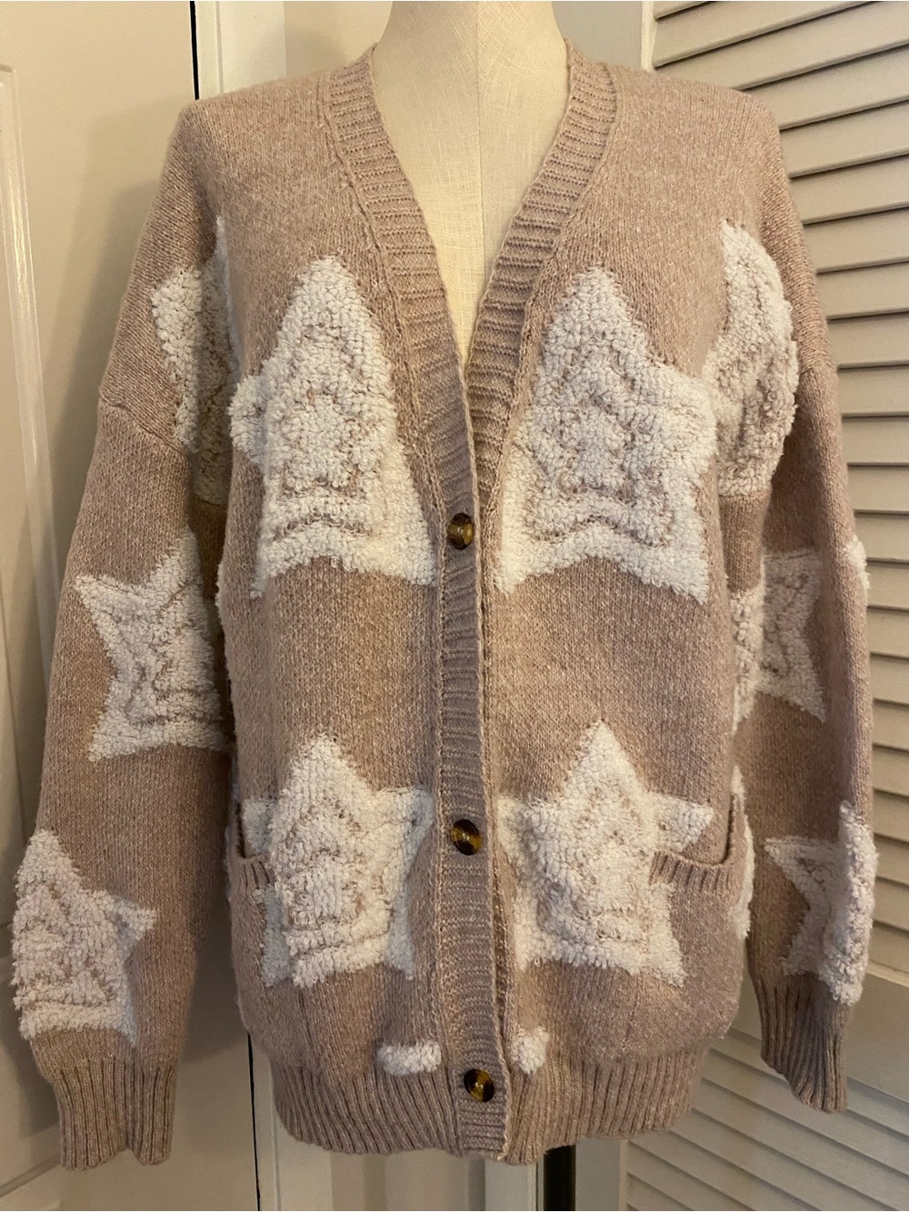 Cozy Star Print Button-Front Cardigan Sweater - Pinkish Beige/White- Size XL